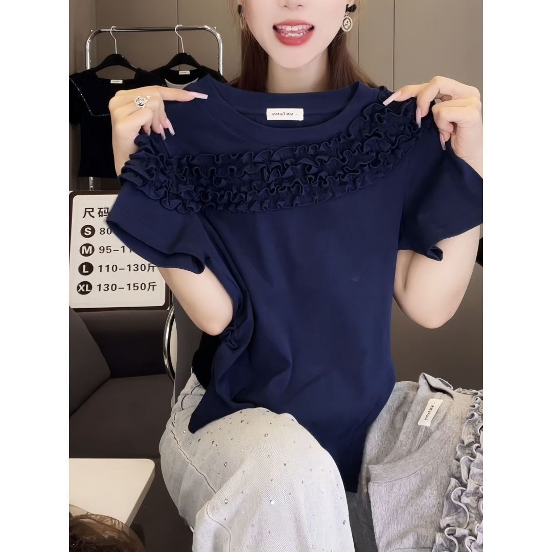 大きいサイズの婦人服夏の新しい無地カジュアルレーススプライシング内外着用ラウンドネック半袖Tシャツ