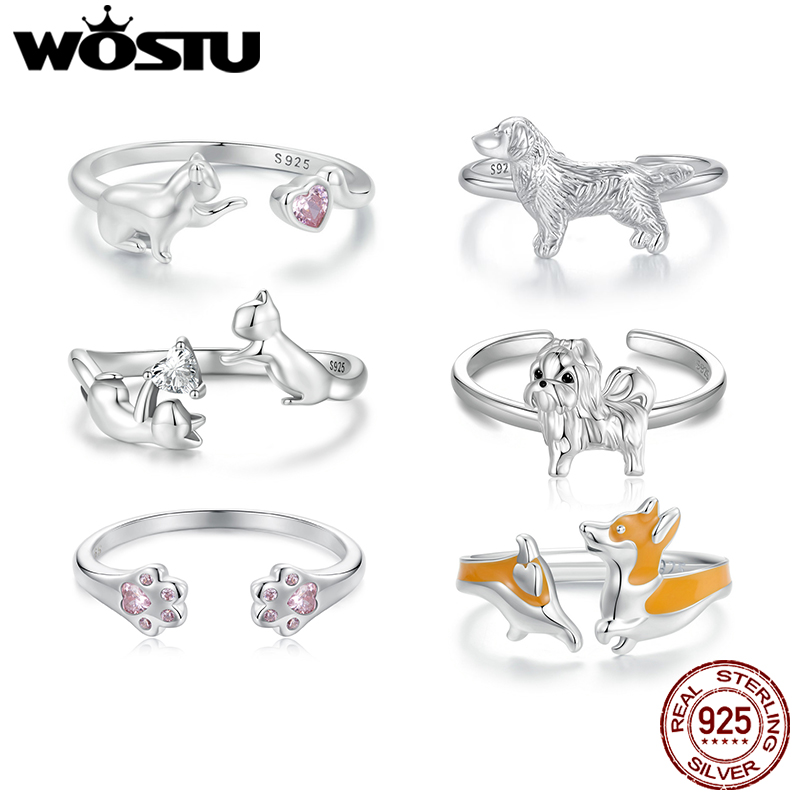 WOSTU 925 スターリングシルバー猫ペット調節可能なリング女性のための動物犬オープンリング家族娘の誕生日ジュエリーガールギフト