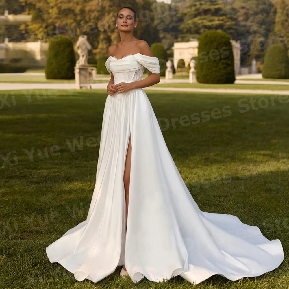 魅力的な A ラインの女性のレースのアップリケのウェディングドレス Vestido デノビア花嫁ドレスオフショルダースリットカスタマイズされたローブ · デ · マリー