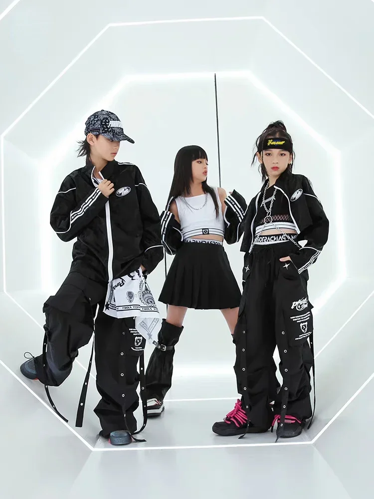 ボーイズストリートダンス服セット黒長袖コートだぶだぶのパンツガールズファッションドラムショースーツグループステージパフォーマンス衣装