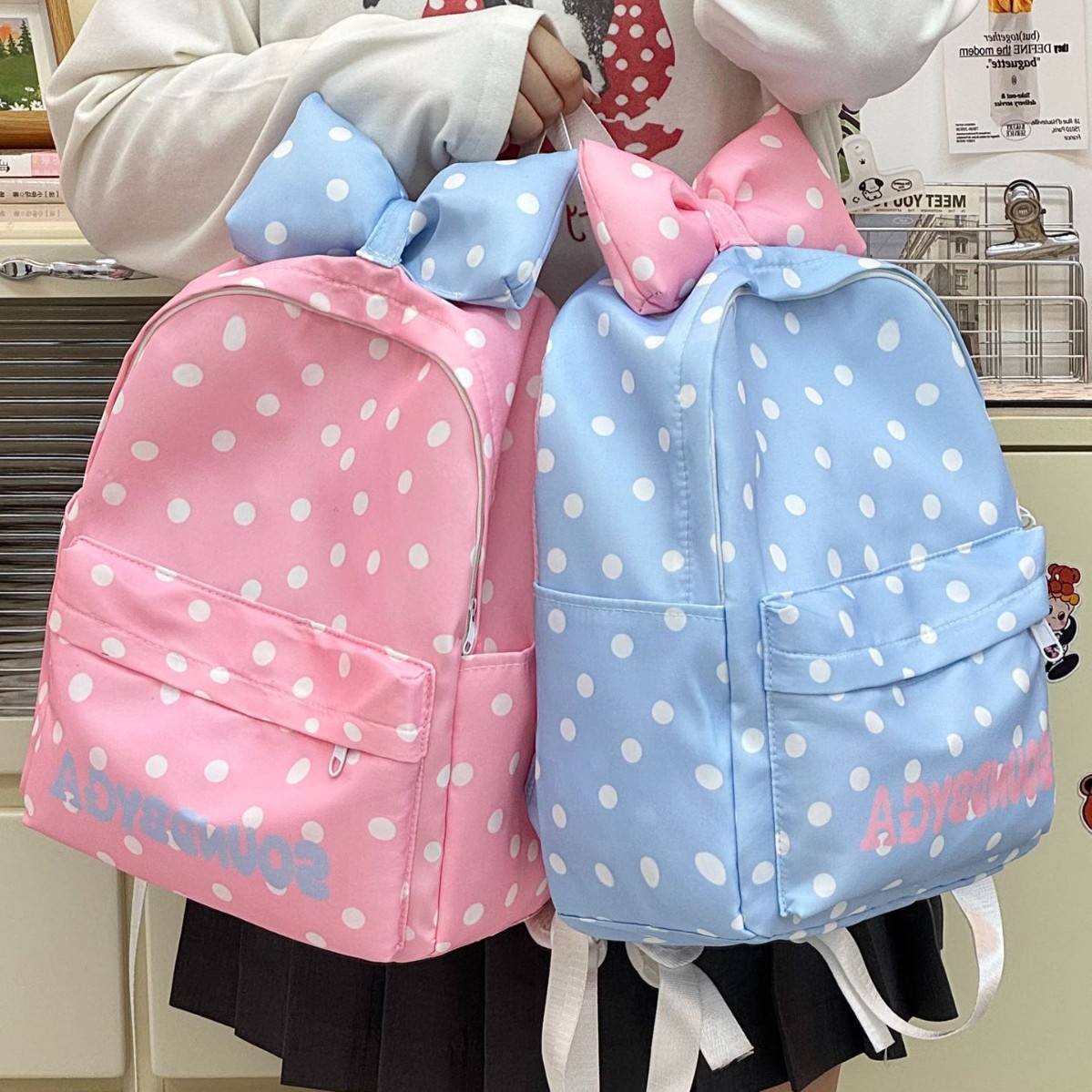 2026 ドットプリントバックパック大容量かわいい女の子のスクールバッグダブルショルダーストラップ弓防水幼稚園スクールバックパック