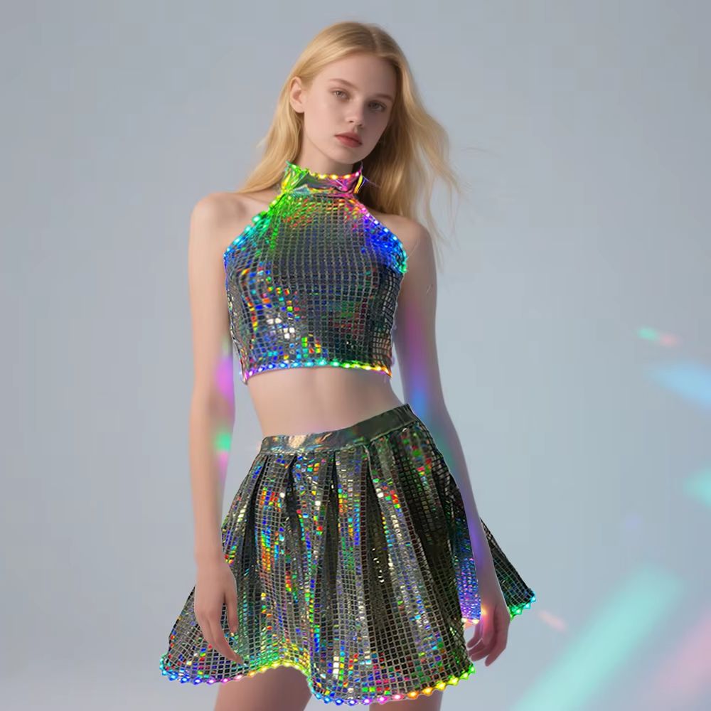 レディース LED リモコン スパンコール ミニ ドレス ホルター バックレス ドレス パーティー クラブウェア スリム ノースリーブ セクシー 2点セット