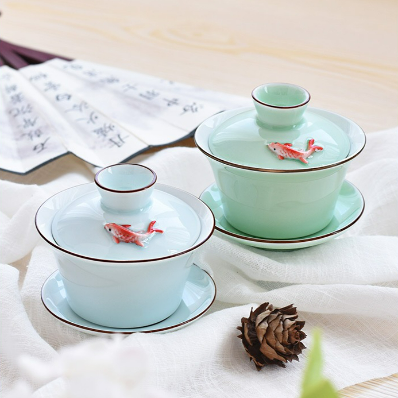 中国風のセラミック小魚 Gaiwan ティーカップカンフー茶碗カバーボウル箸置き茶器アクセサリー装飾ギフト新