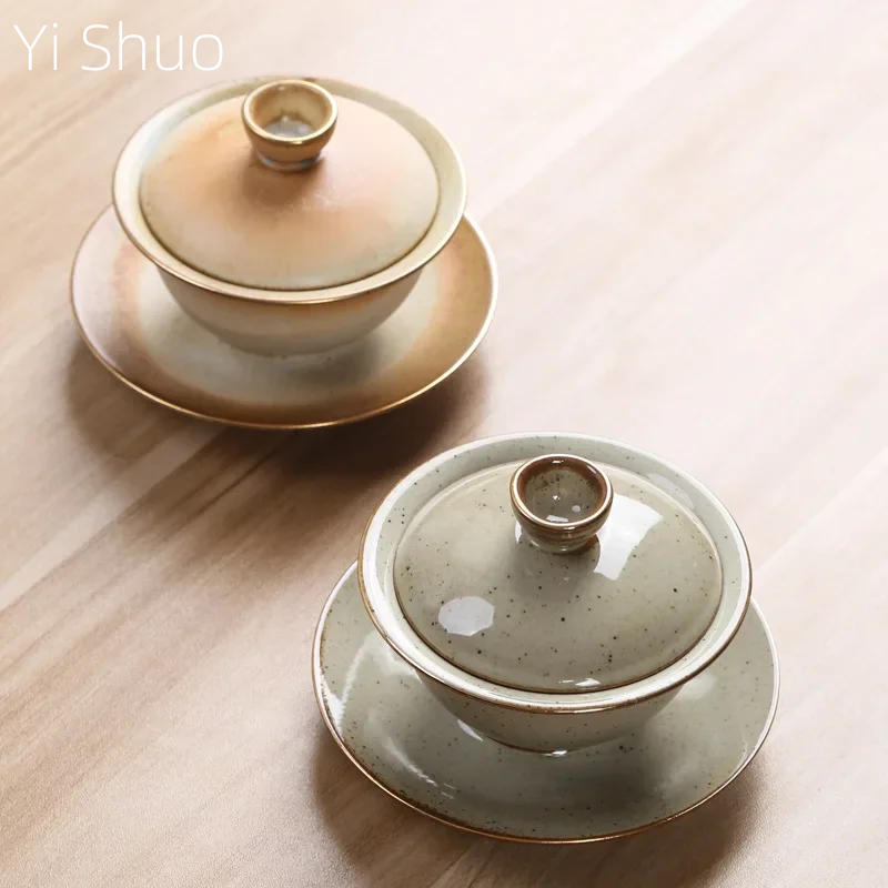 ストーンウェアティーボウル Gaiwan ティーカップ 3 個のお茶ボウルレトロ国内カンフーティーボウル手作りカンフーティーセット gaiwan