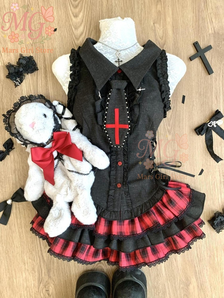 Japanese Dark Gothic Jirai Kei 2 Piece Set Women Slim Sleeveless Top + Plaid Cake Skirt New Y2k Vintage Fashion Sweet JK Outfit