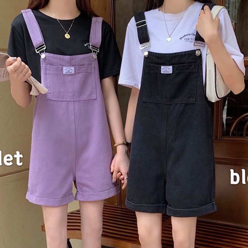 学生夏のヴィンテージ紫黒ジーンズジャンプスーツ女性綿ワイドレッグよだれかけ女性オーバーオール人格デニムロンパースショーツ