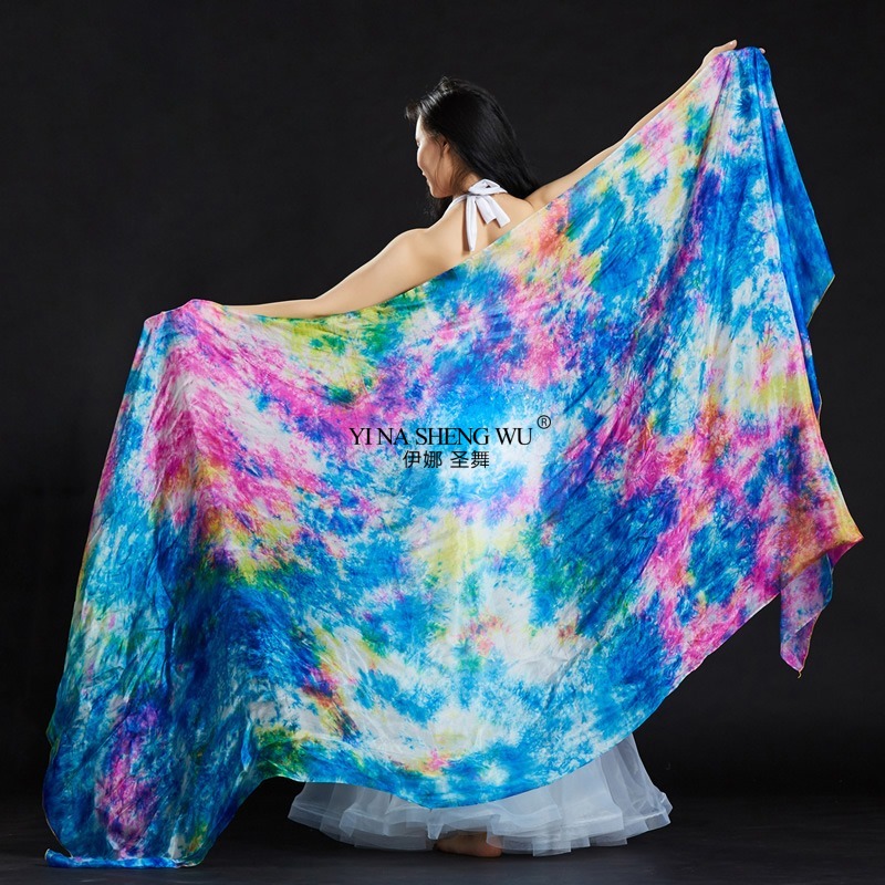 新しいベリーダンススカーフシルク絞り染めベールベリーダンスベールショール女性光手投げスカーフショールグラデーションベールパフォーマンス