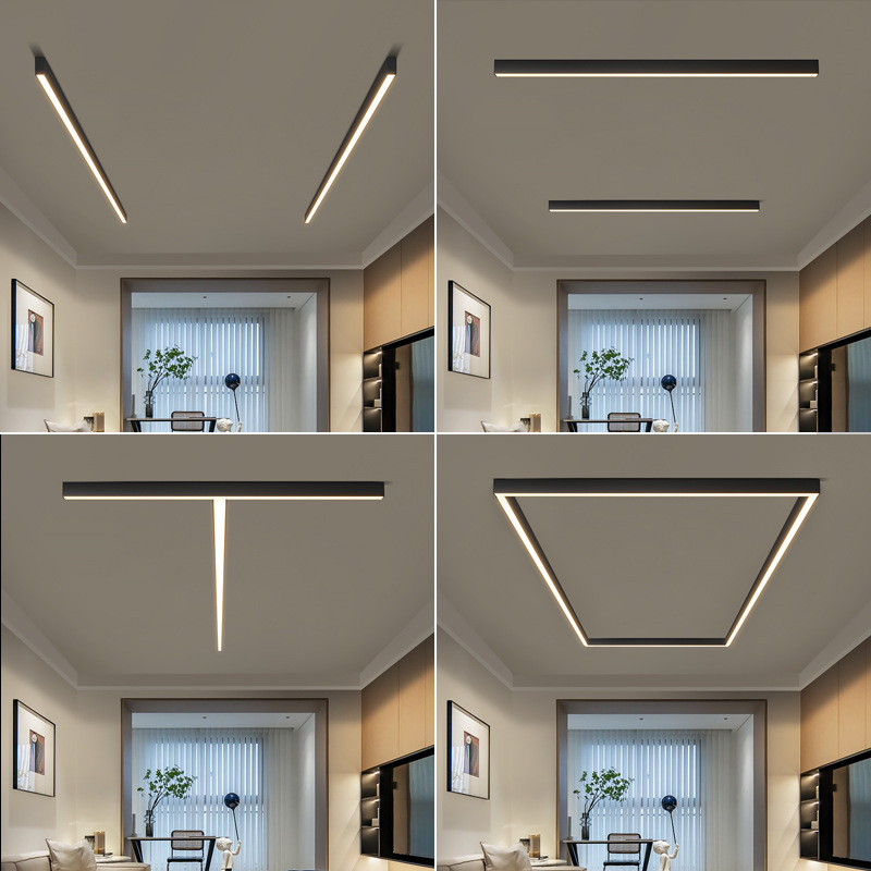 黒と白のリビングルームダイニングルーム表面実装リニアライト LED 超シンプルなロングストリップライトバルコニー通路天井照明器具