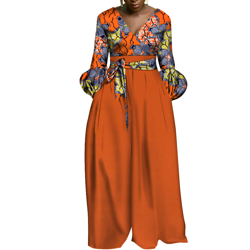 African Women Traditional Outfit 2 pcs Fashion Wide Leg Long Pants Trousers + V-neck Top plus size matching sets WY3163