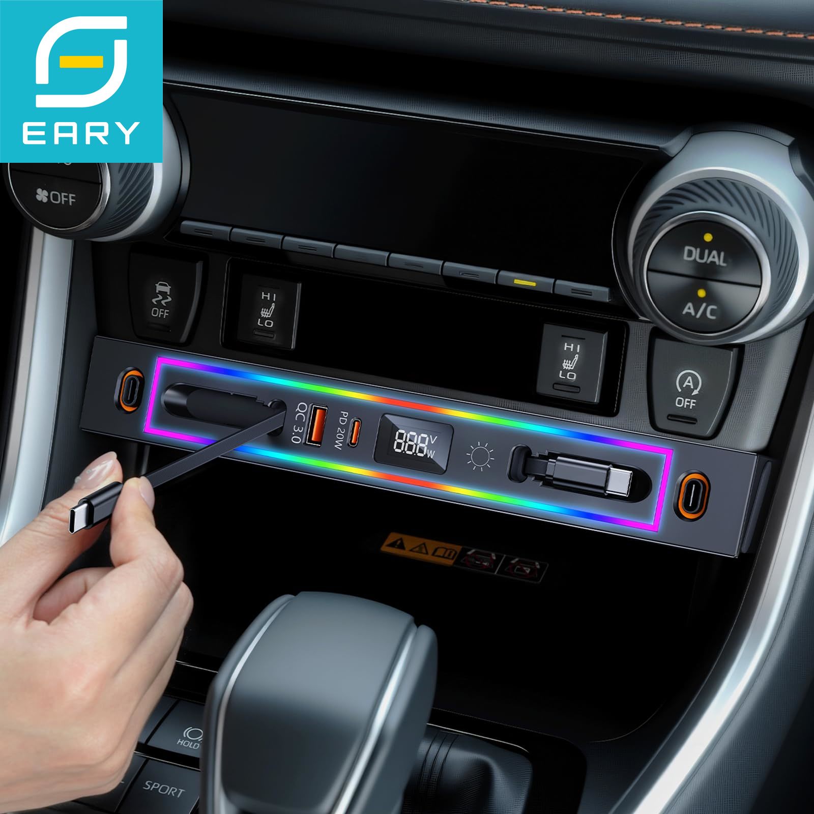 トヨタ RAV4 2025-2020 車の充電器 USB ハブ RGB ライト付き 4 ポート格納式ドッキングステーションセンターコンソール急速充電器