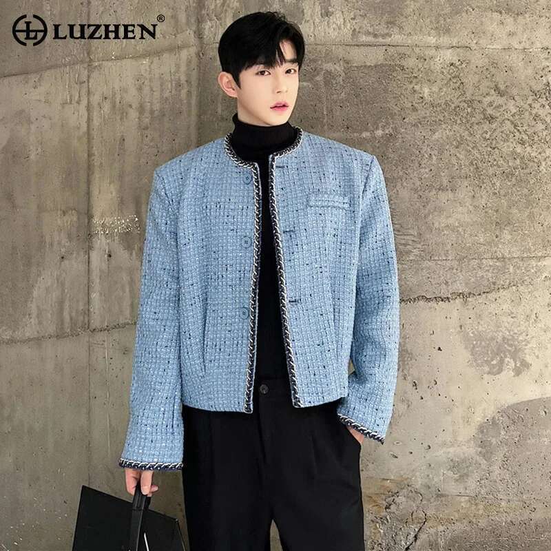 LUZHEN メンズジャケットトレンディスタイリッシュな人格スパンコールショートコートノーカラーアウターウェア 2025 小さな香りのスタイル新しい男 LZ7891