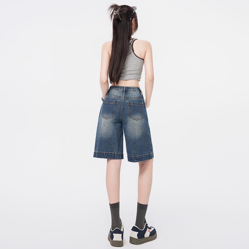 夏の女性のためのヴィンテージデニムショートパンツ、ハイウエスト、ルーズストレートレッグ、ワイドレッグクロップドショーツ、カジュアルハイウエストスリミングショーツ