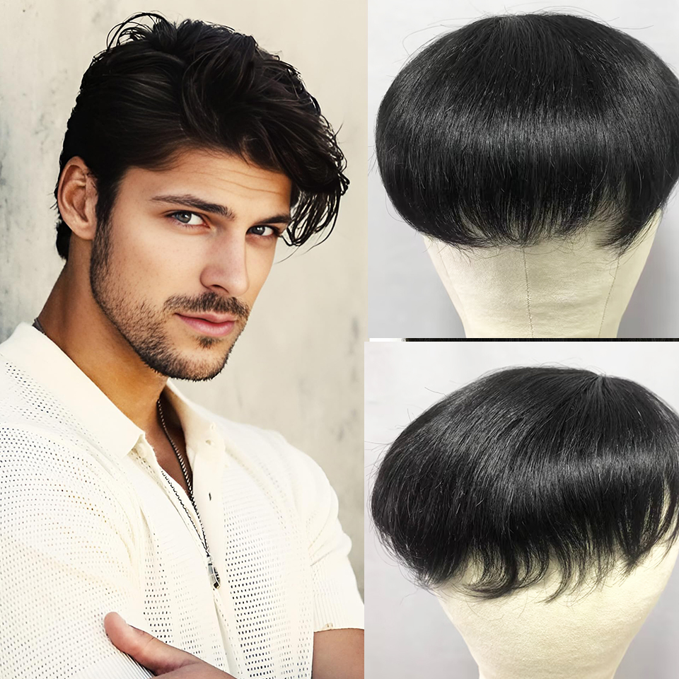100% 人毛男性ヘアピース通気性ネットベース、ハゲ額のための自然な見た目の髪の交換