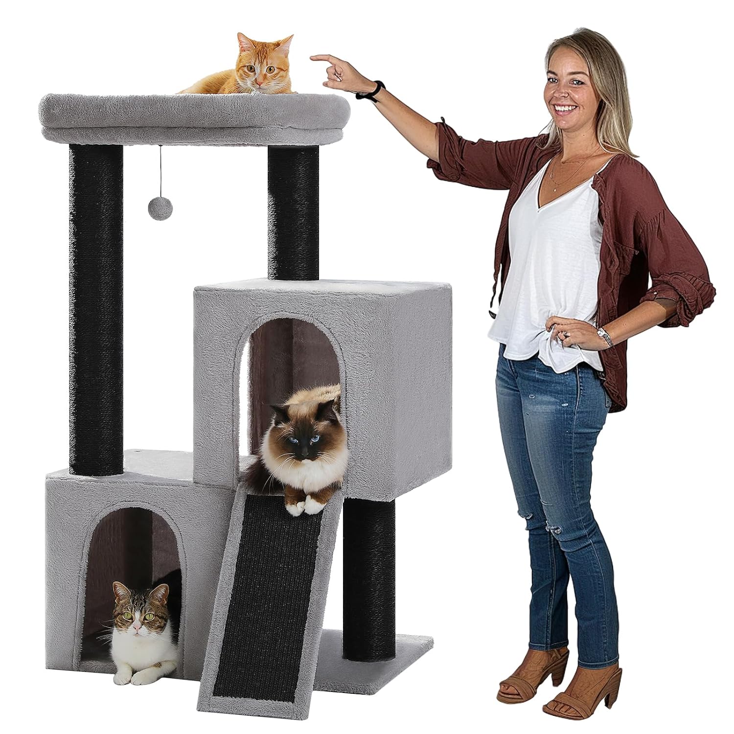屋内猫大人用キャットツリー、サイザル麻スクラッチスロープ付き45インチ高耐久キャットタワー、追加用猫コンドミニアム2個、カスタマイズ