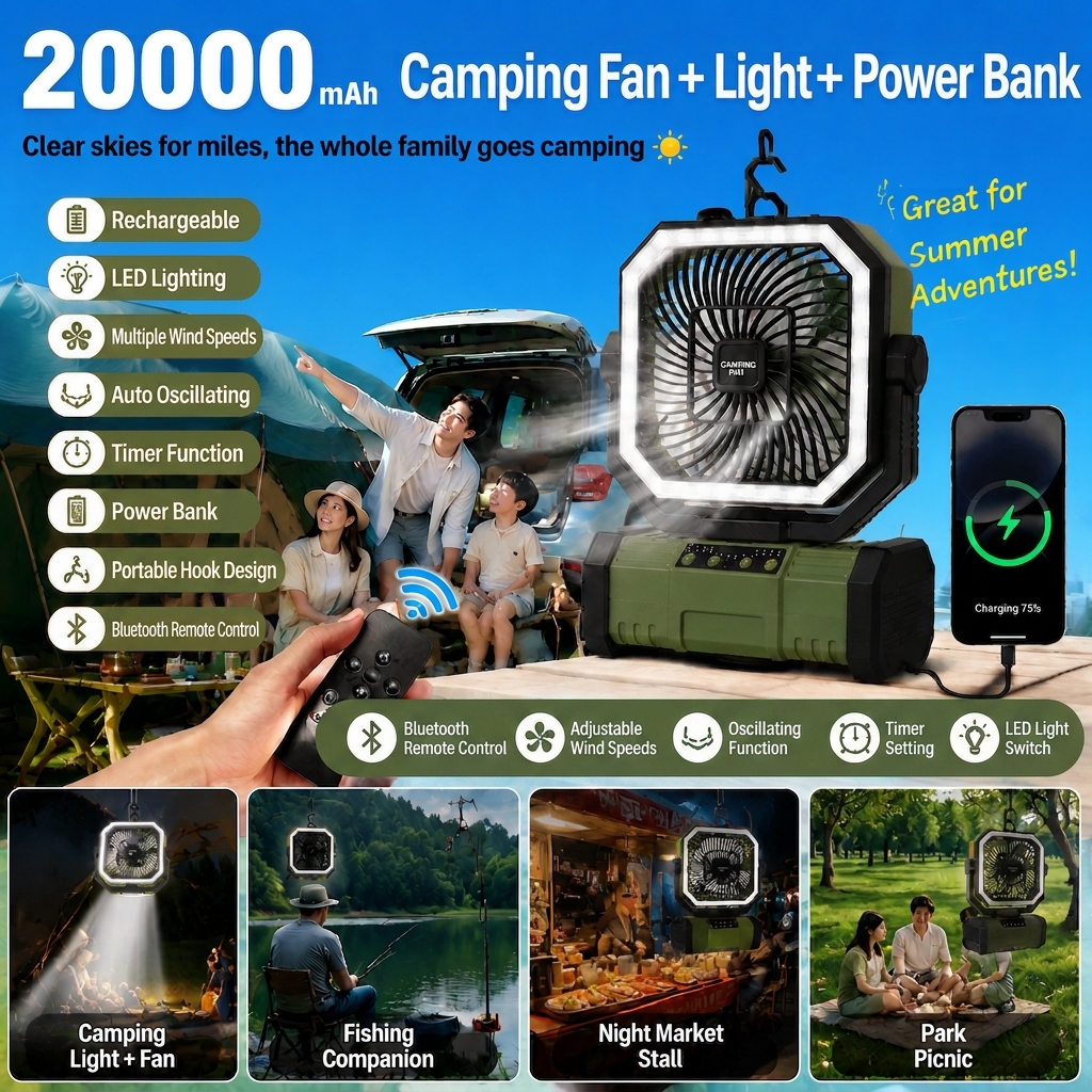 ポータブルファン 充電式、20000mAh コードレスバッテリー駆動ファン LED ランタン付き バッテリー駆動 旅行 寝室 ホーム キャンプ テント オフィス ビーチ デスク 釣りテーブル用