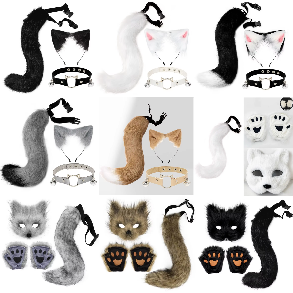 キツネの猫耳マスクテールグローブ、ふわふわ動物帽子耳ヘアピンテールベル、ハロウィンコスプレアクセサリー用ヘアフープセット