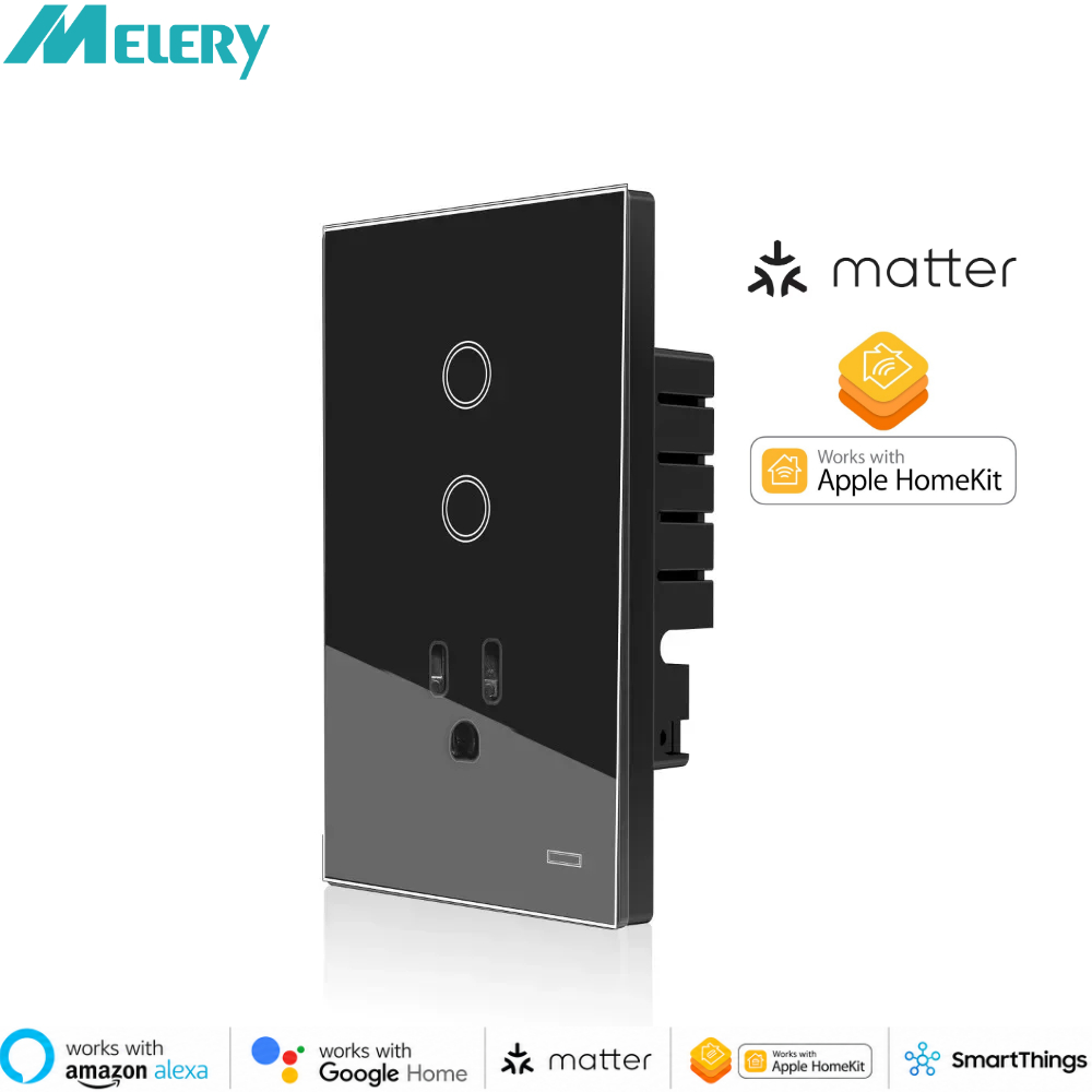 Melery Matter over Wifi US プラグ 壁コンセント スマート Tuya ライト スイッチ コンセント ガラス パネル Alexa Google/Apple ホームによる音声リモコン