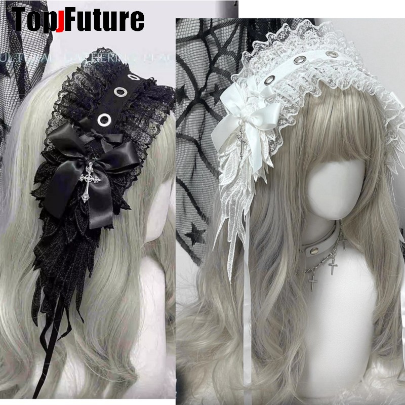 Women Gothic Lolita Dark Angel Wing Lace Butterfly Bow Hairband Anime Y2K Girl Headwear Hair Bands Accessories Headband