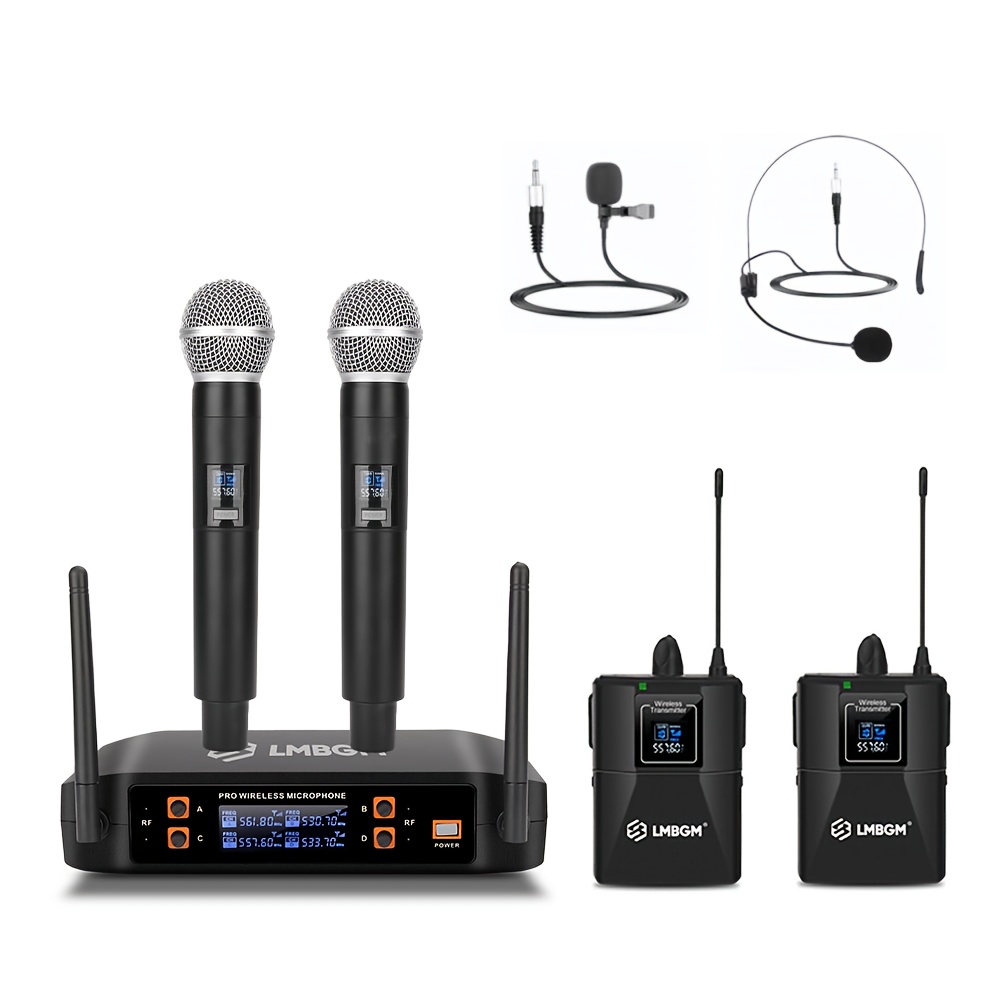 LMBGM-D42 プロワイヤレスマイク 4 チャンネルハンドヘルド/ラベリア/ヘッドセット UHF ダイナミックマイク会議教会、カラオケ、PA スピーカー用