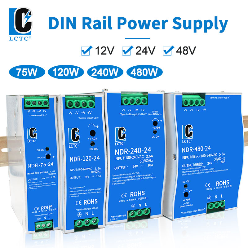 LCTC スイッチング電源 NDR-75W 120W 240W 480W 工業用 DIN レール 12V 24V 48V AC/DC 単一出力電源トランス