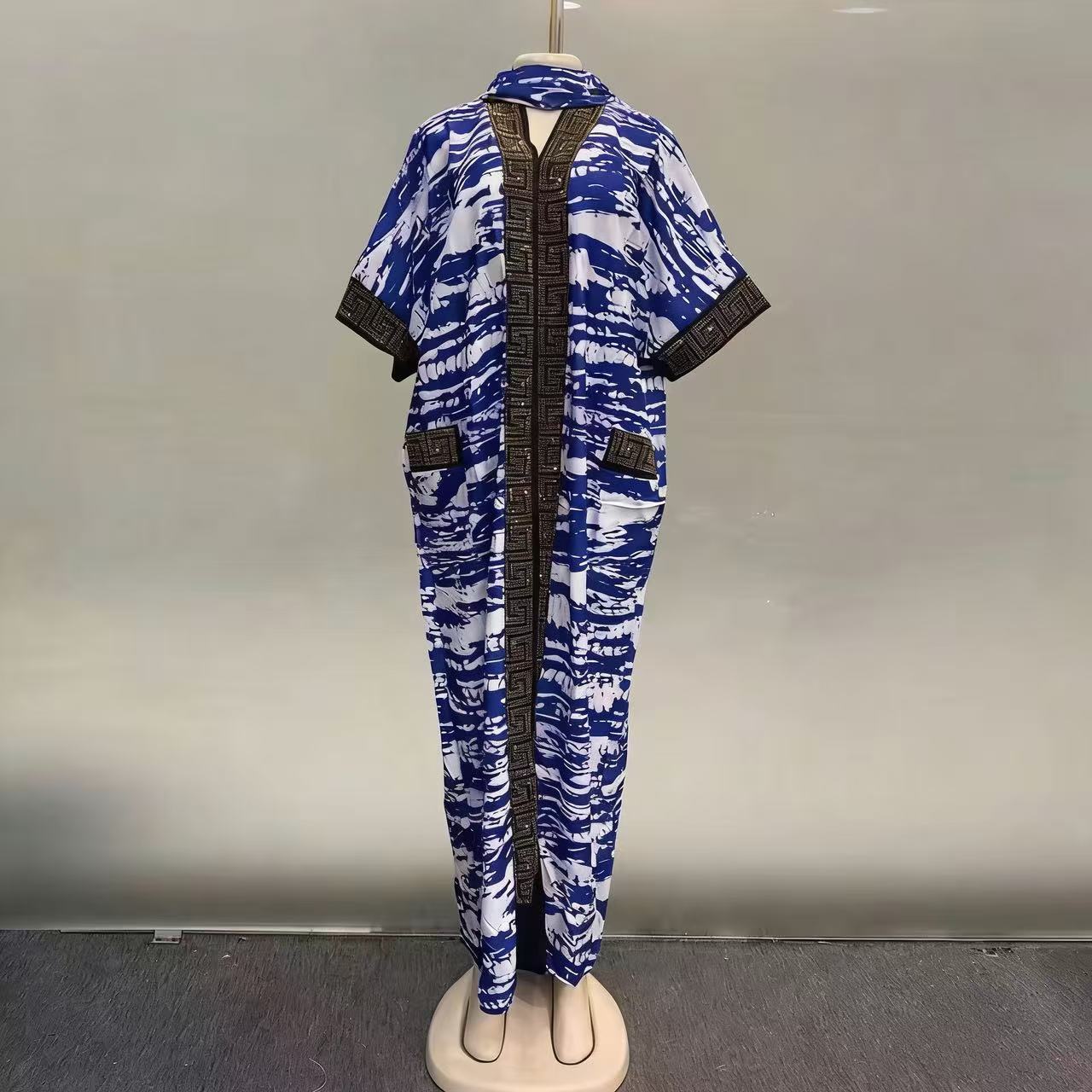 新しいファッション中東ブブ売れ筋ダイヤモンド散りばめルースイスラム教徒アフリカ夏プリント女性のドレスとサイドポケット