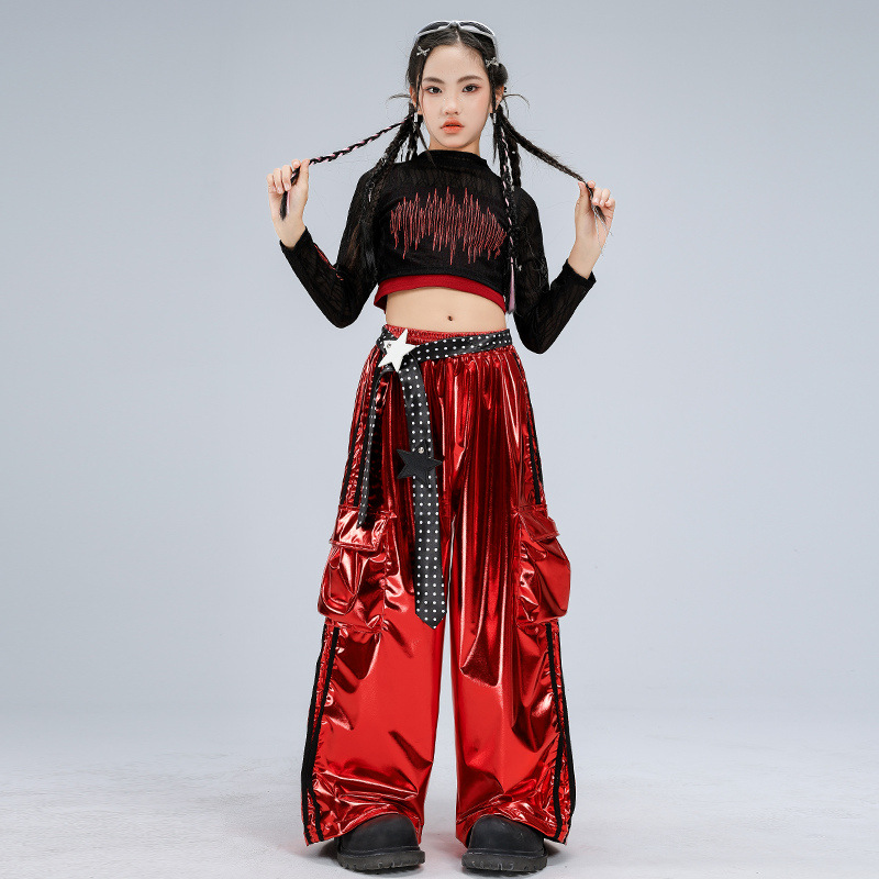 Girls Hip Hop Clothes Sets Long Sleeve Crop Top Red Pants Fashion Streetwear Stage Show Outfits Group Jazz Street Dance Costume