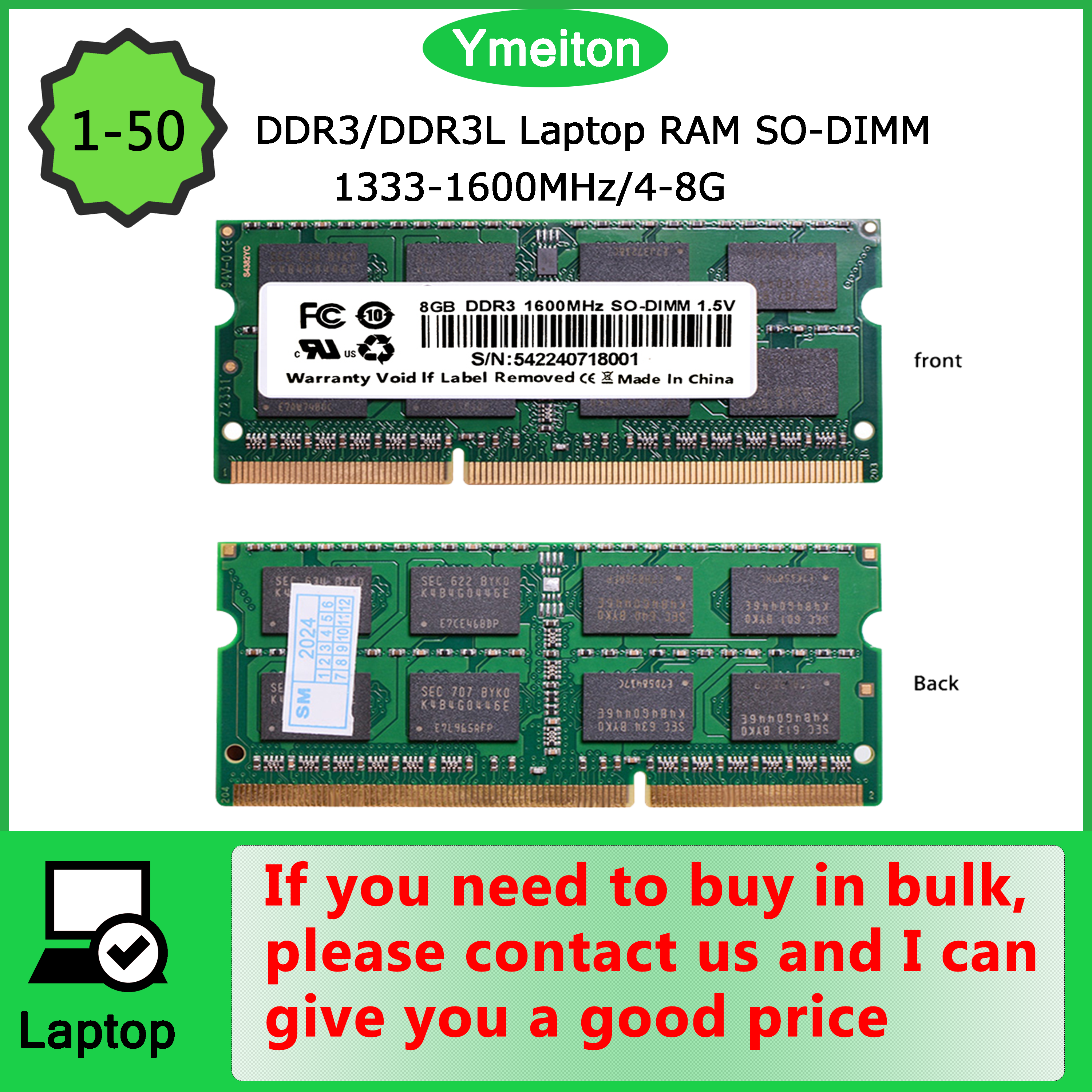 Ymeiton DDR3 5～50個 ノートパソコン用汎用メモリーカード DDR3 メモリー 1333MHz 1600MHz 4GB 8GB SO-DIMM RAM 204ピン メモリーカード 卸売