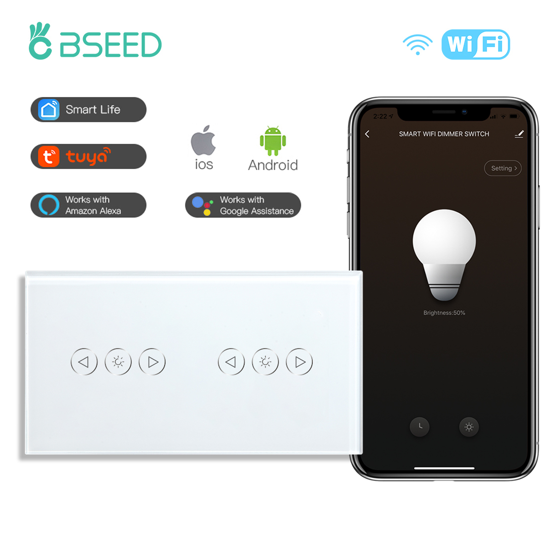 BSEED WIFI 調光スイッチダブル LED 調光可能なタッチライトスイッチブルーバックライトガラスパネル Google Tuya スマートライフと連携