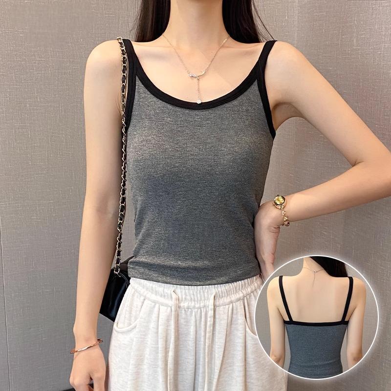 レディース リブニット タンクトップ: 夏、通気性、カラーブロック、痩身、アウター、重ね着、ノースリーブ、控えめ