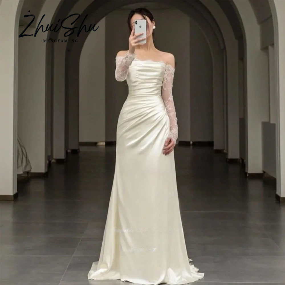 シンプルなレース韓国ウェディングドレス写真撮影ストラップレスプリーツフロアレングス웨딩드레스 Vestidos Novias Boda ブライダルドレスカスタマイズ