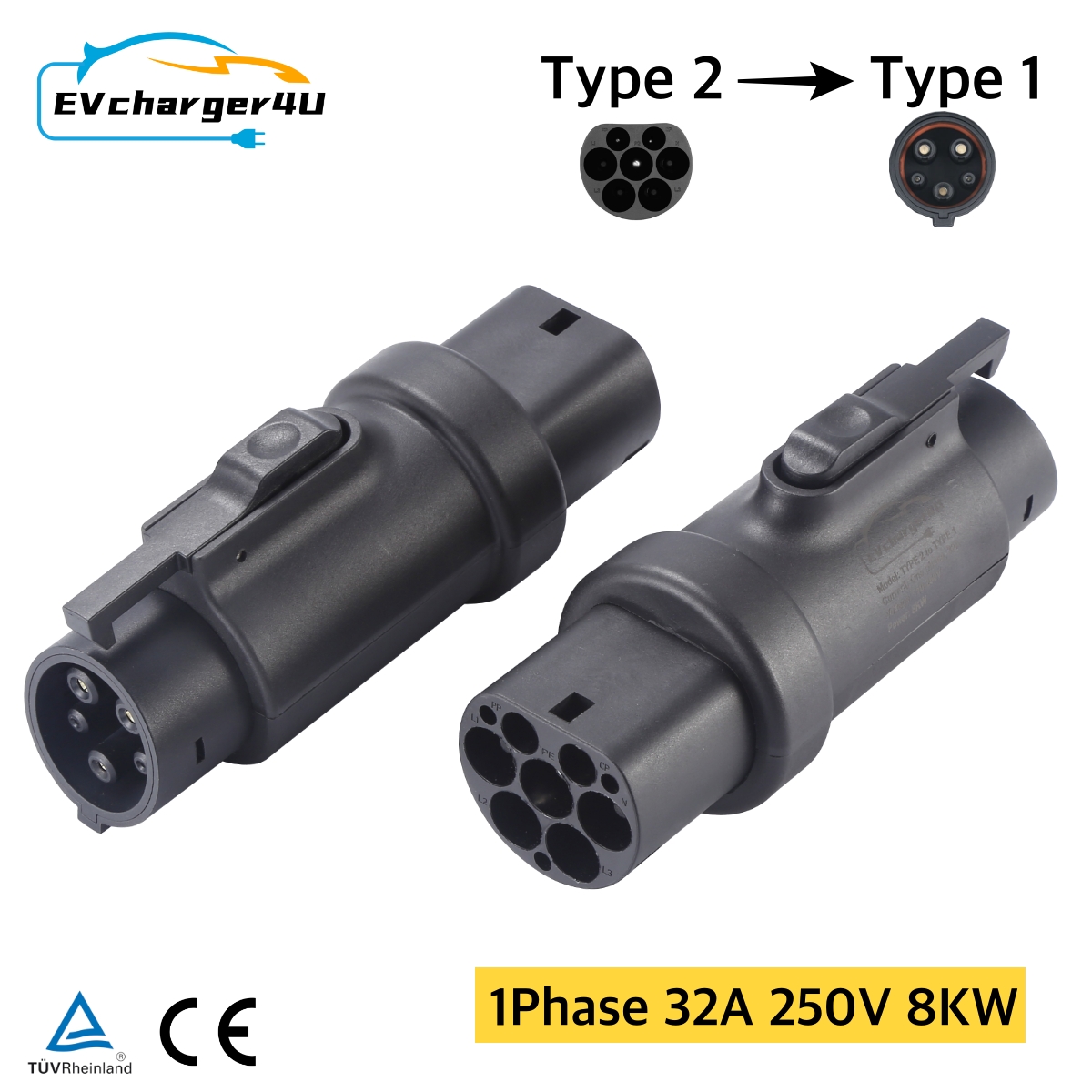 EVcharger4U IEC62196 タイプ 2 ～ SAE J1772 タイプ 1 EV アダプタ充電コンバータ 250V 32A Type2 Type1 GBT 充電器コンバータアダプタ