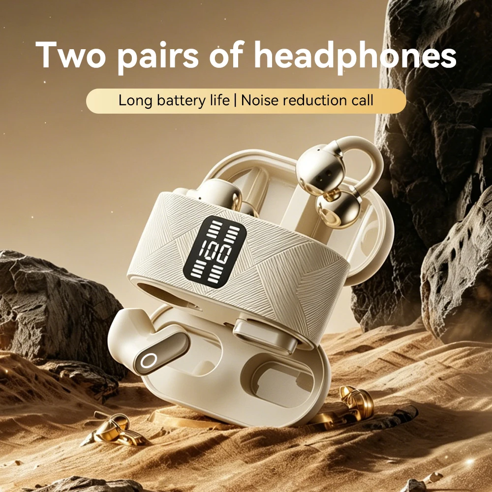 カップルダブルオープンイヤークリップ Bluetooth ヘッドセット HiFi サブウーファー長いバッテリー寿命デジタルファッションメッキワイヤレスインイヤー耳栓