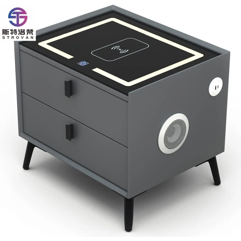 ワイヤレス充電とスピーカー モダンな木製ベッドサイドテーブル USB ポート 2 つの収納引き出し 3 色の LED ライト付きスマートナイトスタンド
