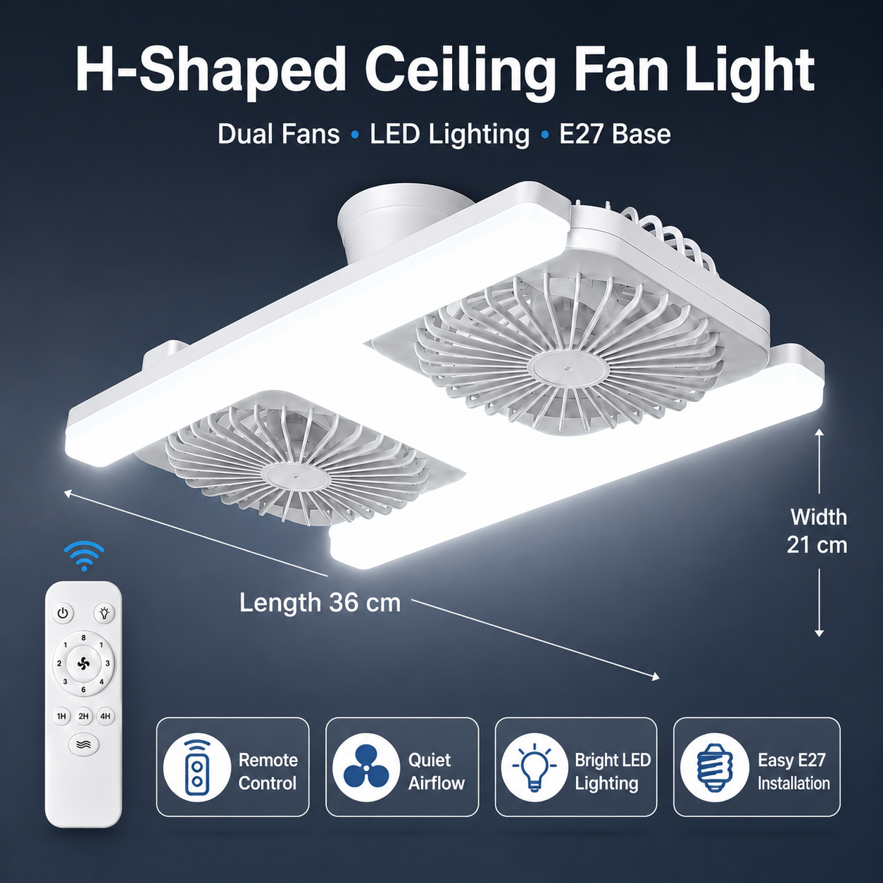 60W LEDシーリングファンライト リモコン付き、E27ソケット、デュアルファン器具、リビングルーム用薄型埋め込み設置