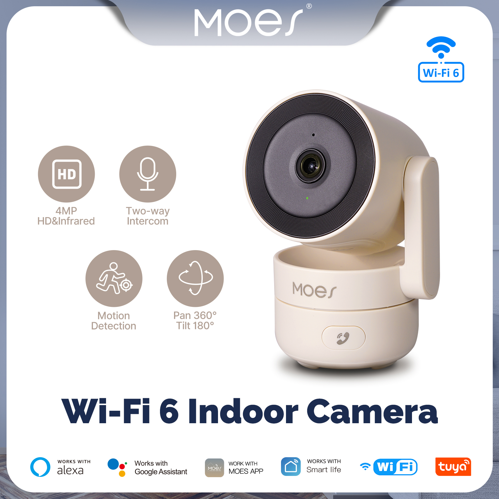 MOES Tuya Wi-Fi 6 スマート屋内 4MP HD セキュリティ パン/チルト カメラ モーション トラッキング