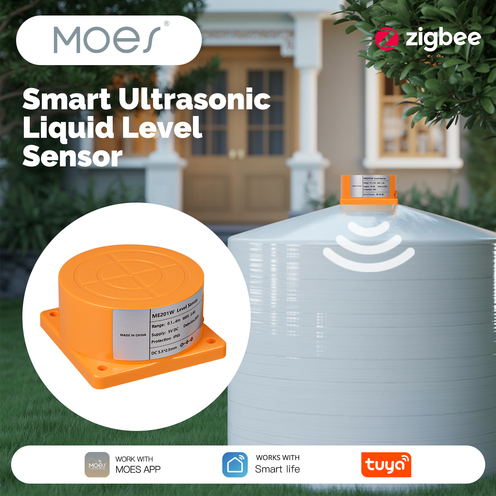 MOES Tuya WiFi/Zigbee スマート超音波液体レベルセンサー水タンクモニターリアルタイムアラーム通知アプリリモコン付き