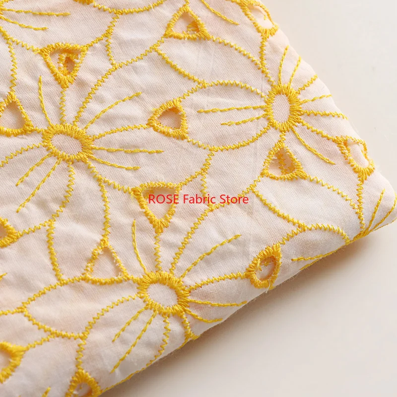 黄色の花中空刺繍ソフトコットン生地衣料用カスタムスカート手作り DIY ファブリックアクセサリー