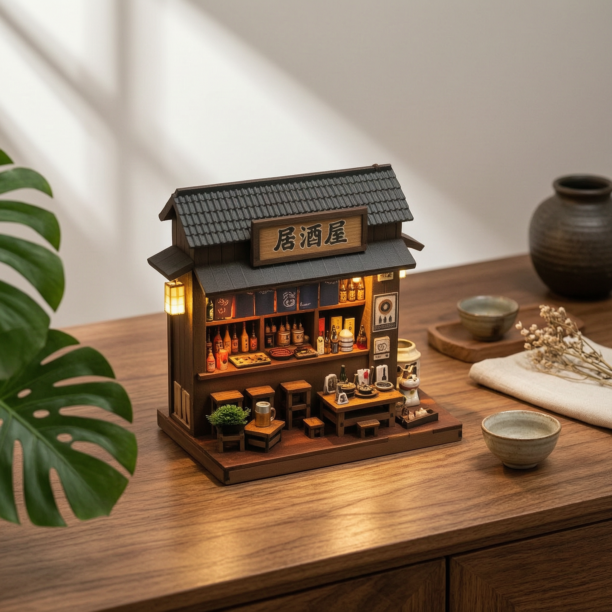 温かみのある日本のミニチュアハウスキット居心地の良い照明付きモデルDIYミニチュアハウス、居酒屋をテーマにしたスタイル、オフィスや書斎用