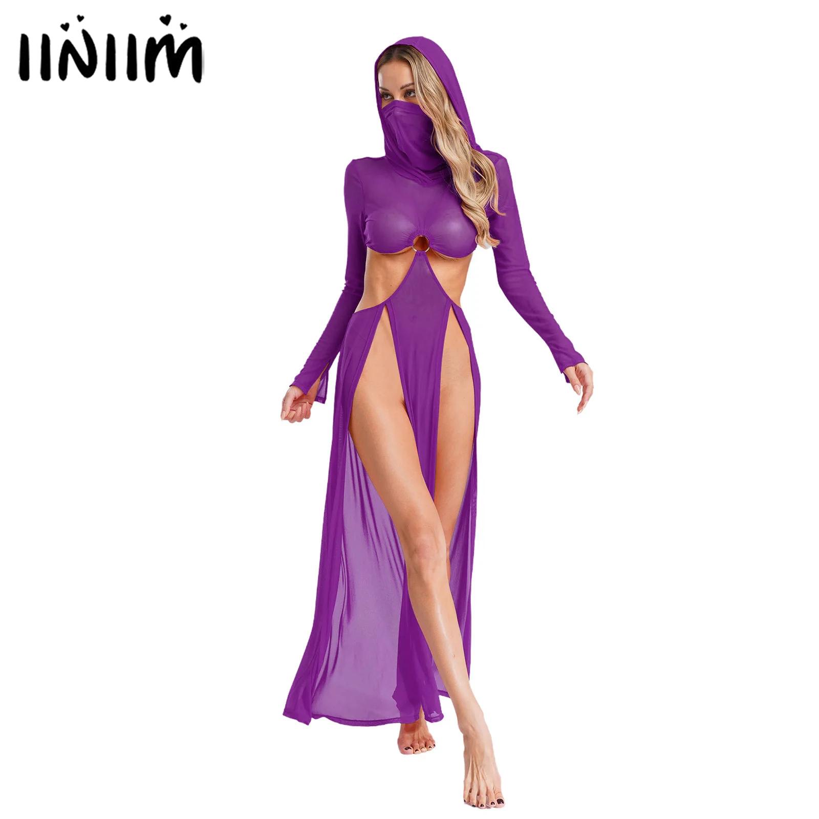 女性シアードレスマキシハイスリットドレスカバーアップ水着セクシーなメッシュドレスフード付きフェイスマスク長袖中空アウトシアードレス