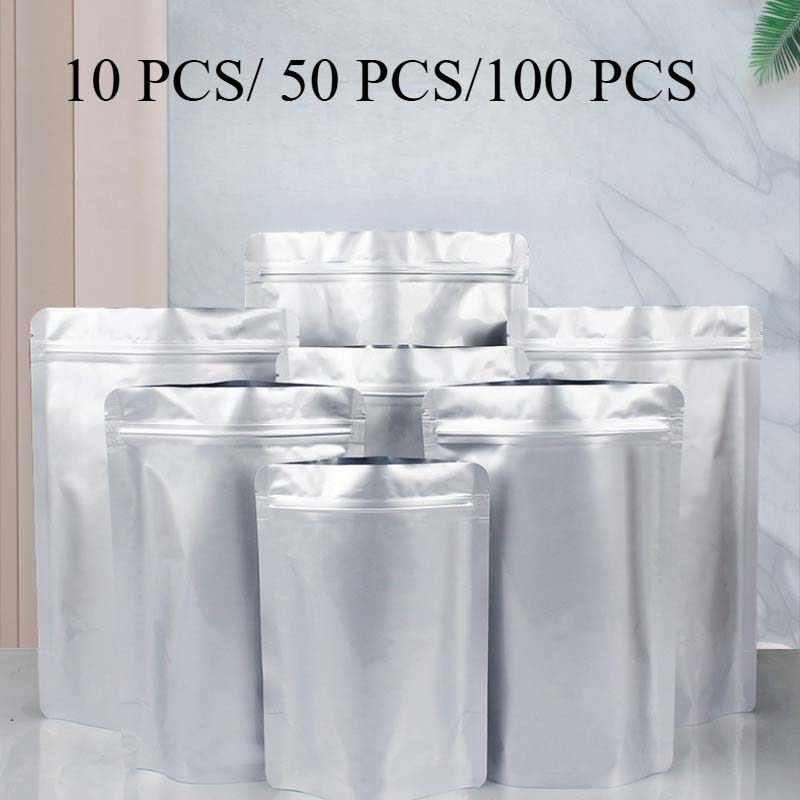 10/50/100 個食品グレードアルミ箔スタンドアップバッグ再密封可能なジップロック気密包装ポーチ防湿保存袋