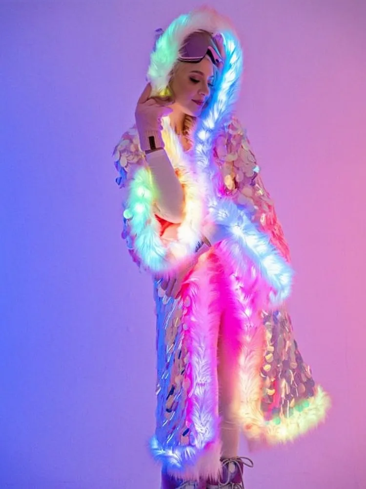 レディース LED スパンコール フェイクファー コート ロング フード付き フェスティバル