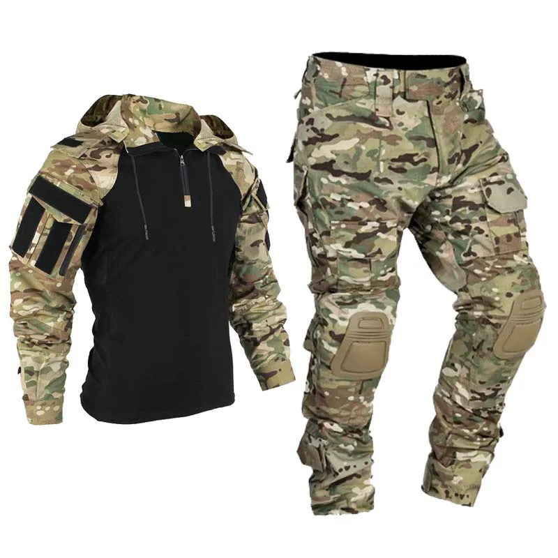 ペイントボール戦術スーツ制服迷彩狩猟パンツパッドエアガン服セット戦闘シャツフード付き耐摩耗性マルチカム熱帯