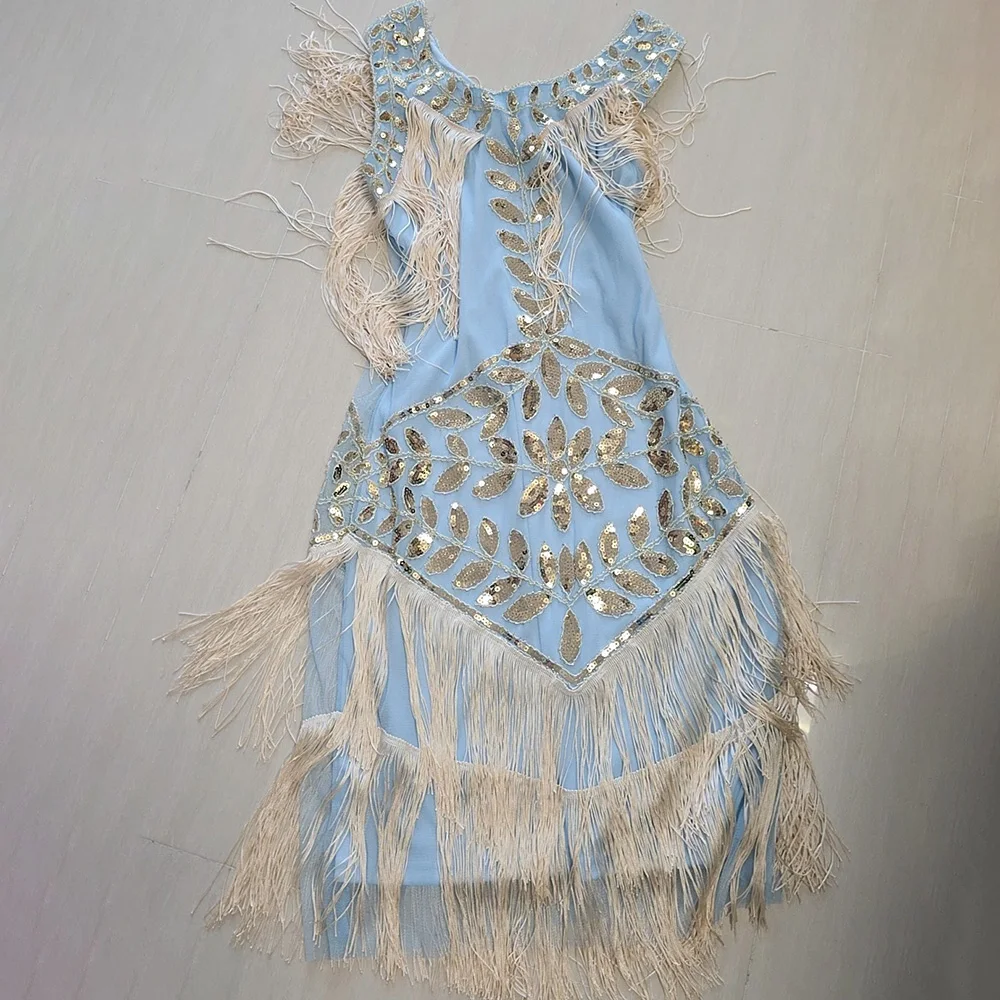 新しいモダンダンス衣装レトロ婦人服ドレスダンスドレスラウンドネックスパンコールビーズタッセルベストボールドレスダンススカート