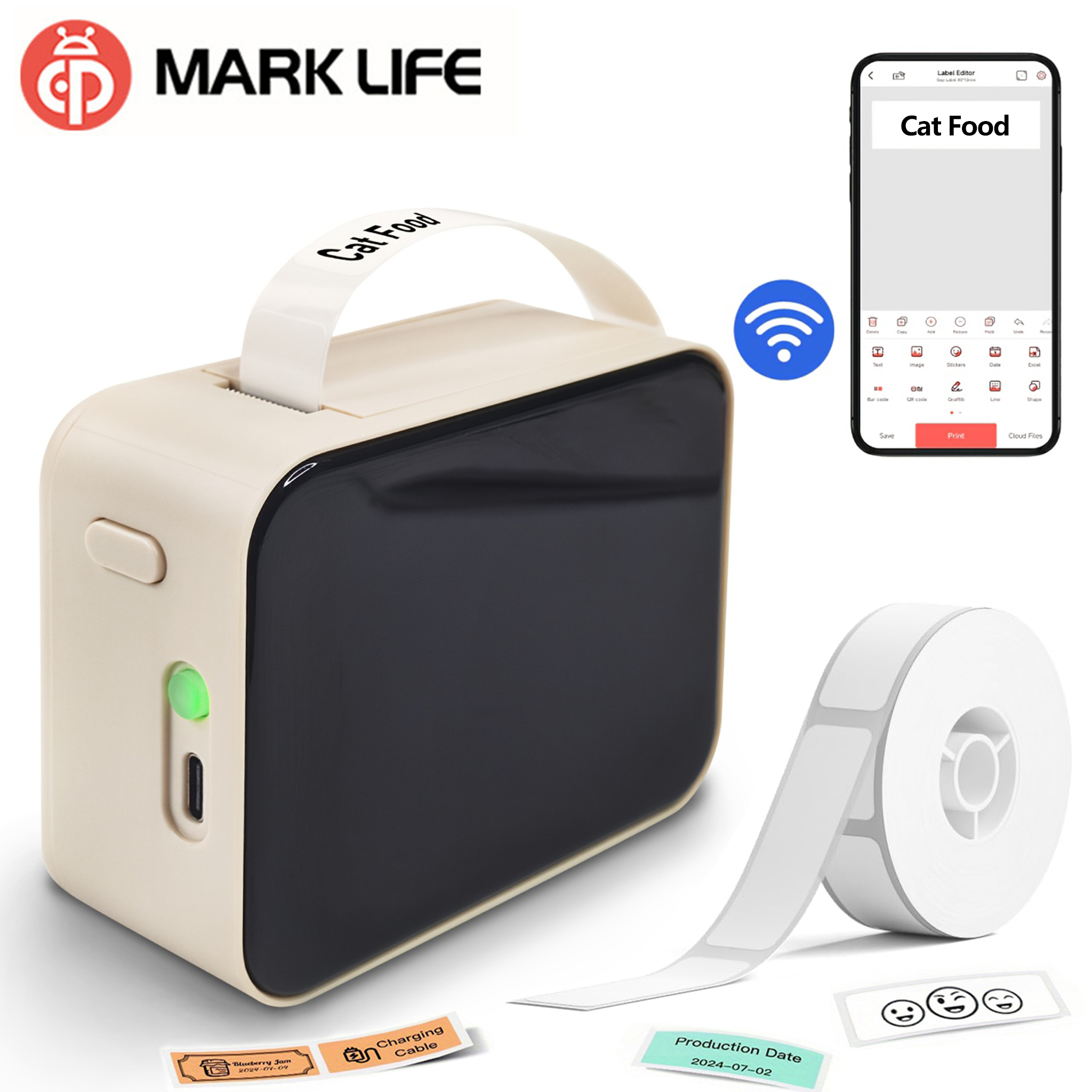 Marklife P15 ミニポータブルラベルプリンタースマートポケットプリンター熱粘着ステッカーラベリングマシン ot 3PK ラベル紙インクなし