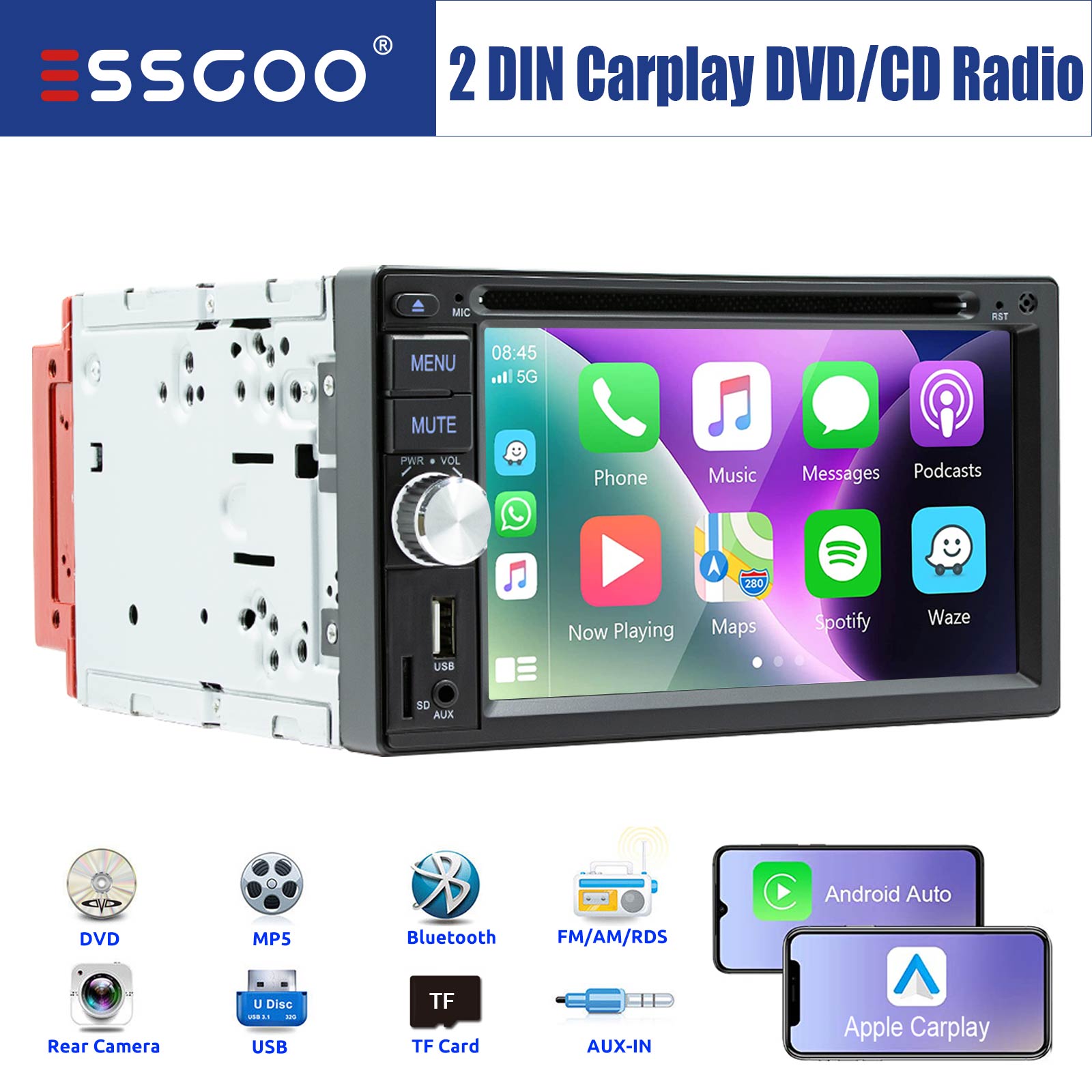 ESSGOO 2 DIN 6.2 インチカーステレオ CD DVD AM FM RDS USB Bluetooth TF AUX Carplay Android 自動ヘッドユニットタッチスクリーンラジオカメラ