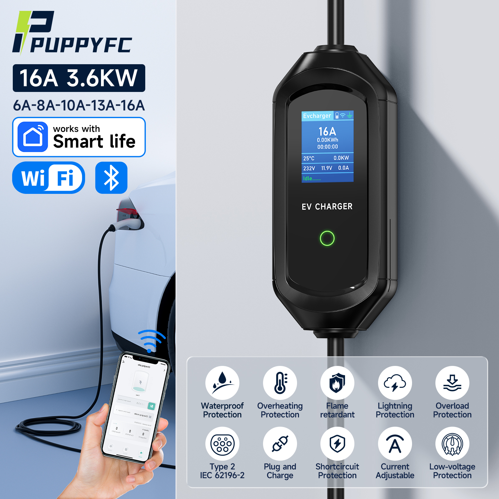 Puppyfc Type2 ポータブル EV 充電器 Type1/GBT 電気自動車充電器 3.6KW EVSE 充電ケーブル EU プラグ WiFi Bluetooth APP 制御