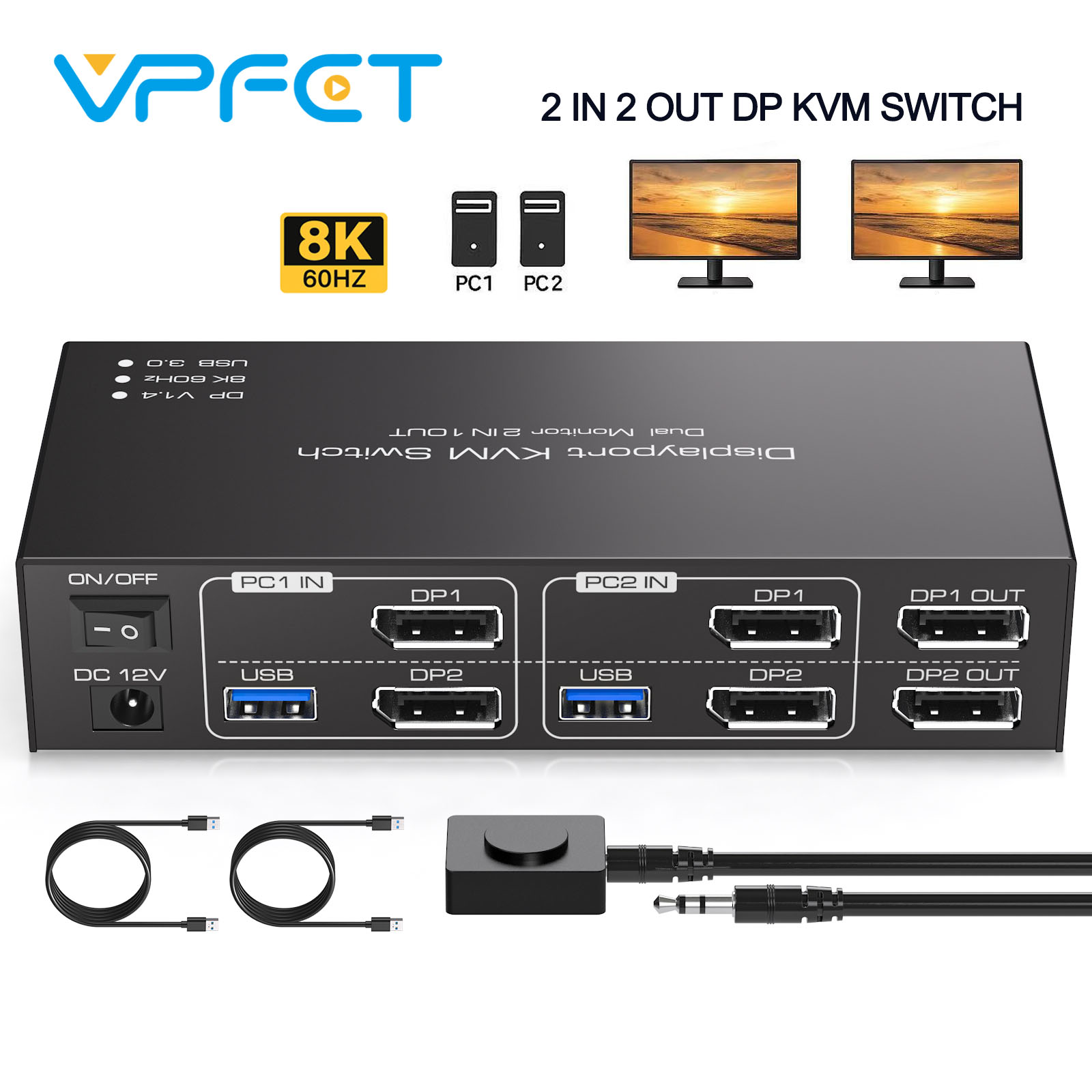 Displayport KVM スイッチ モニター 2 台 コンピューター 2 台 8K@60Hz 4K@120Hz デュアルモニター USB 3.0 KVM スイッチ (USB デバイス 4 台用) マウス キーボード