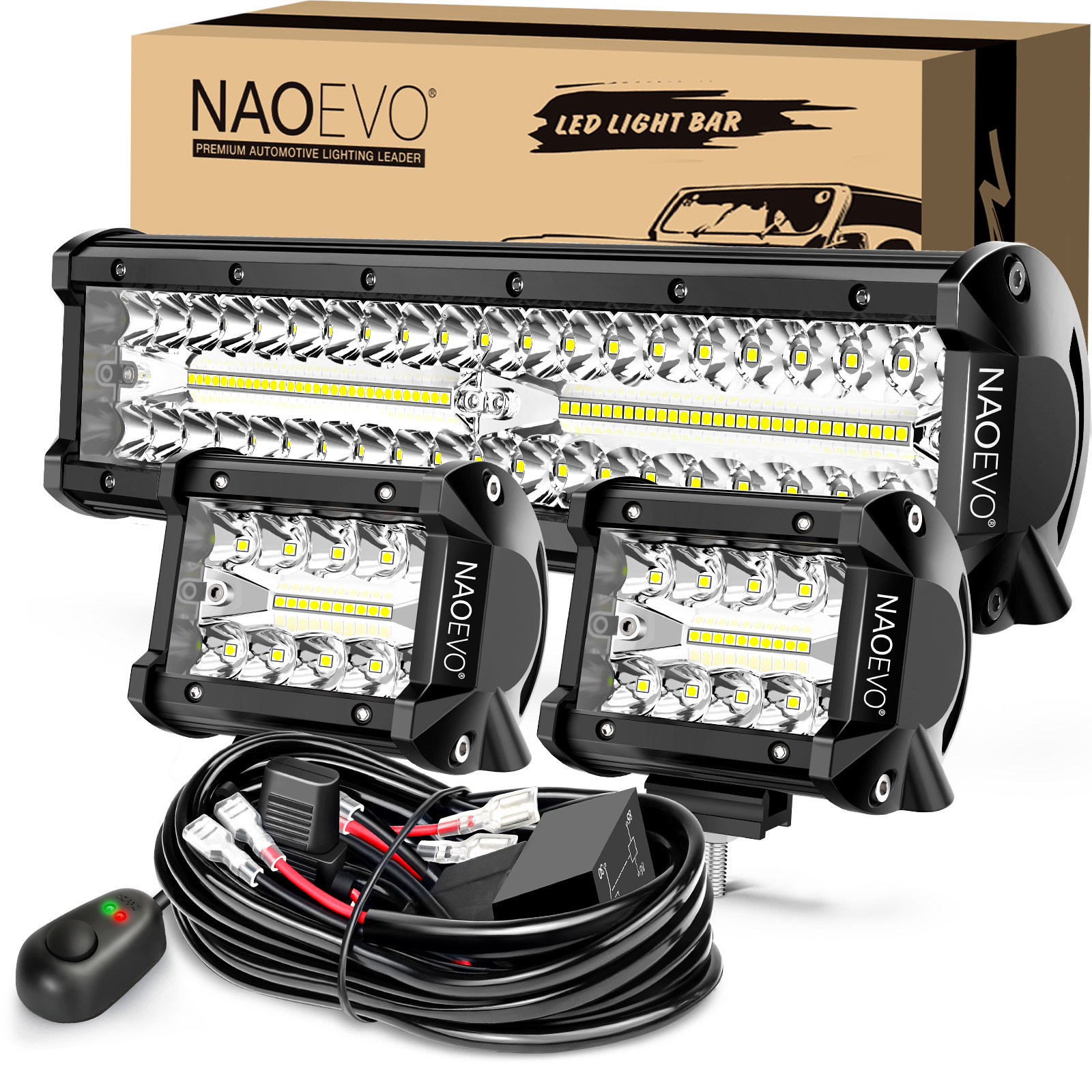 NAOEVO 12 インチ LED ライトバー 4 インチ LED ポッドライト 240W 21000LM LED フォグドライビングオフロードライトバー 配線ハーネスキット-3 リード付き