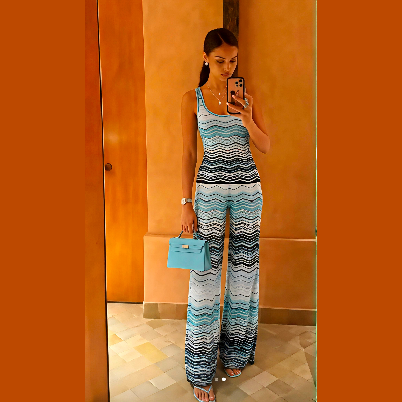 Fold Blue Chevron Knit Two Piece Set Sleeveless Top & Wide Leg Pants Bodycon Summer Beach Vacation Outfit for Women