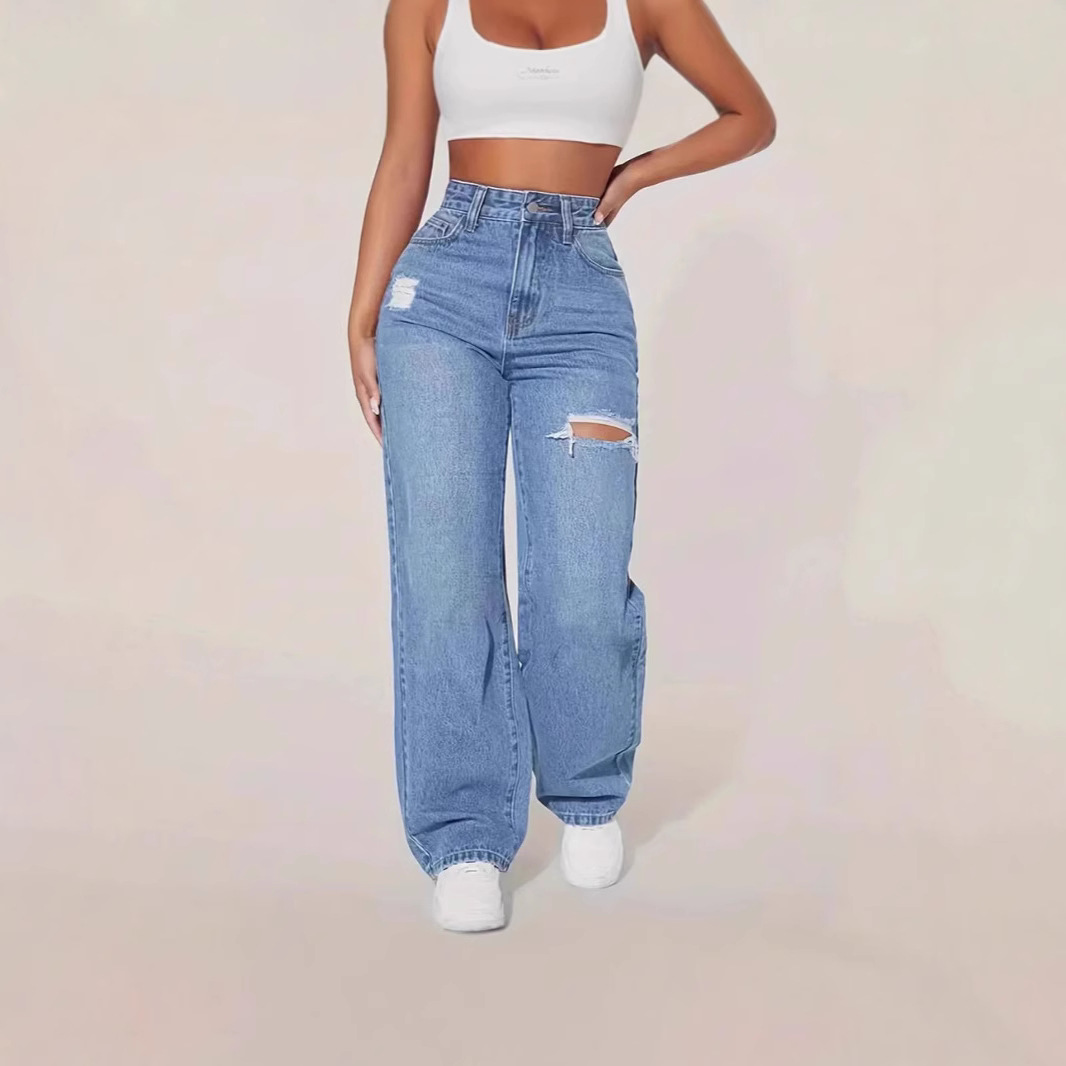 ジーンズ女性デニムパンツワイド脚長ズボン穴ハイウエストストレートズボン Y2k ストリートワークスプライスカジュアル 2026 パンク